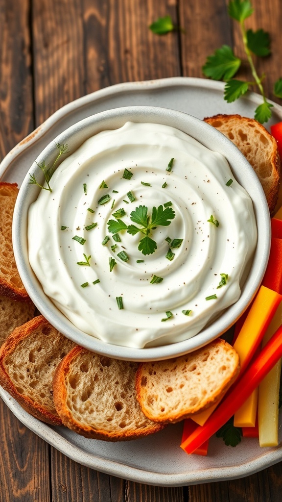 Creamy Feta Quark Spread Recipe Creamy feta quark spread in a bowl with herbs, served with bread and vegetable sticks.